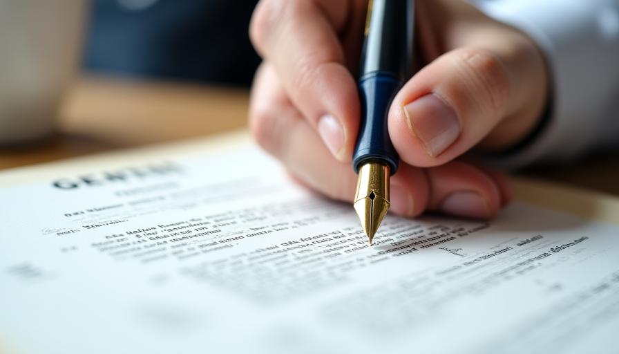 Professional lawyer reviewing a freelance agreement with a fountain pen
